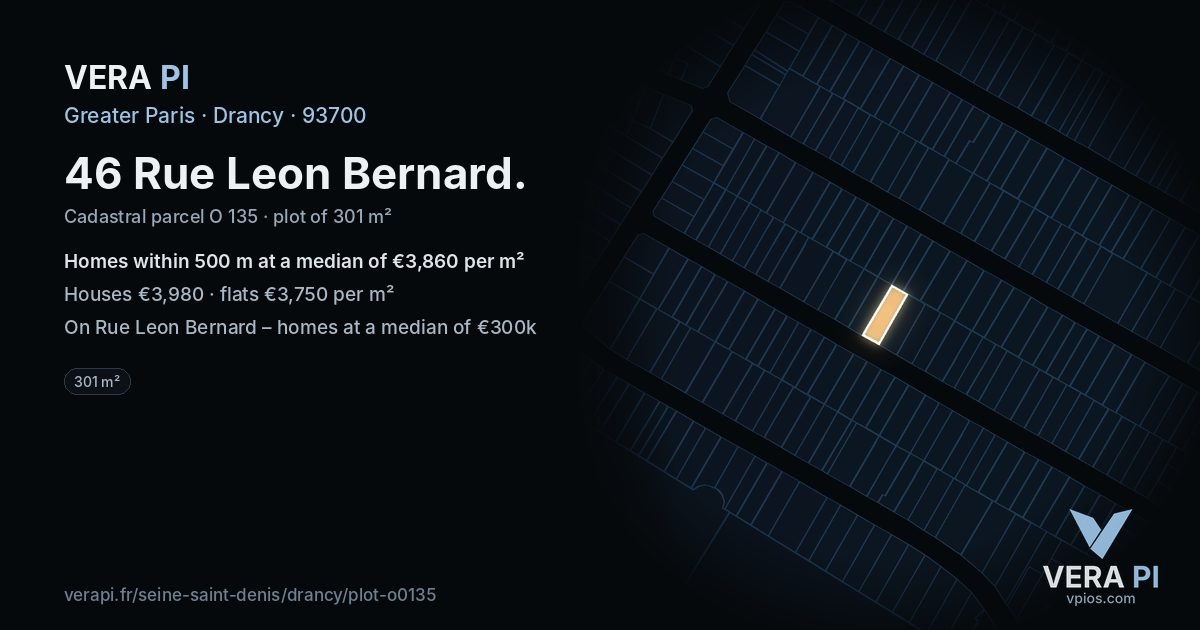 46 Rue Leon Bernard, Drancy at night – the plot lit, the parcels around coloured by the prices near them