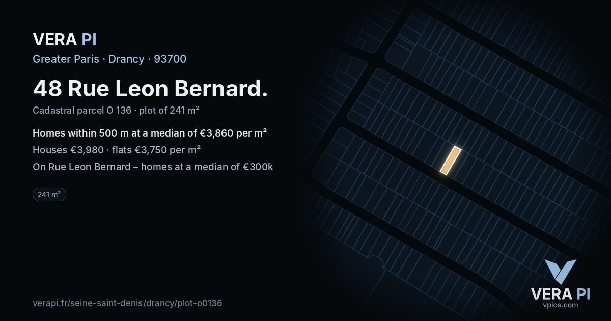 48 Rue Leon Bernard, Drancy at night – the plot lit, the parcels around coloured by the prices near them