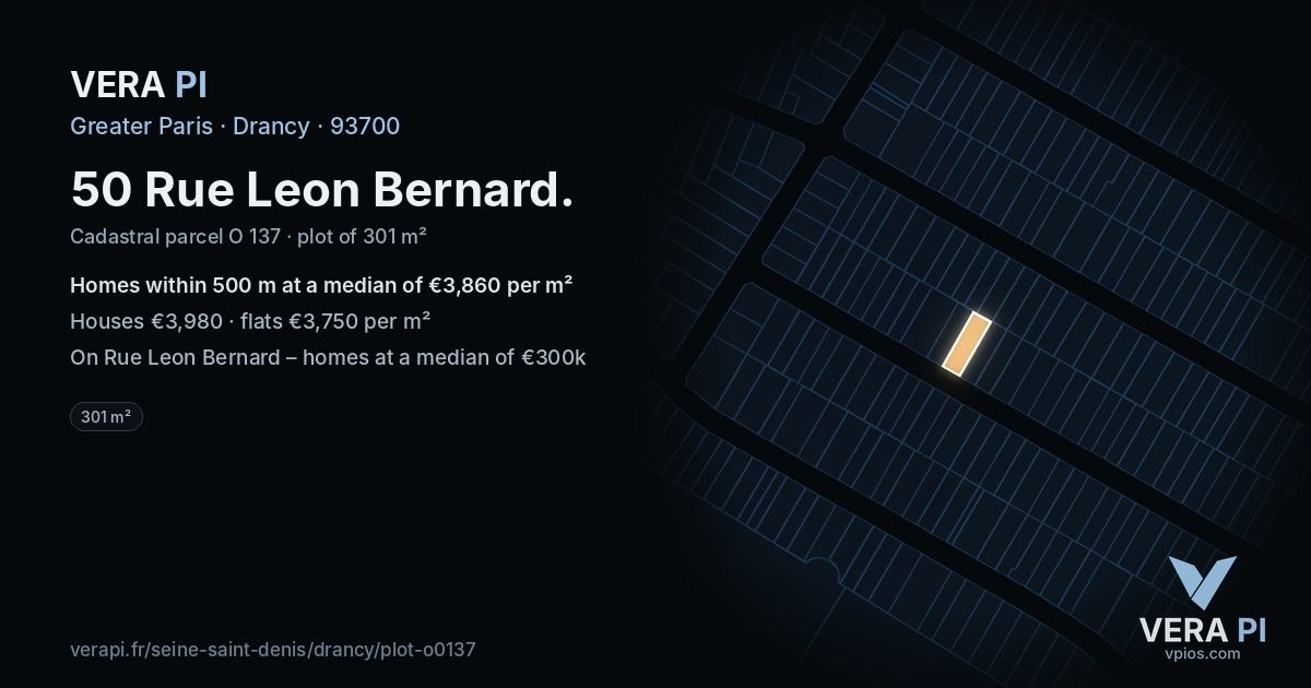 50 Rue Leon Bernard, Drancy at night – the plot lit, the parcels around coloured by the prices near them