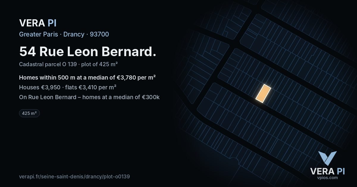 54 Rue Leon Bernard, Drancy at night – the plot lit, the parcels around coloured by the prices near them