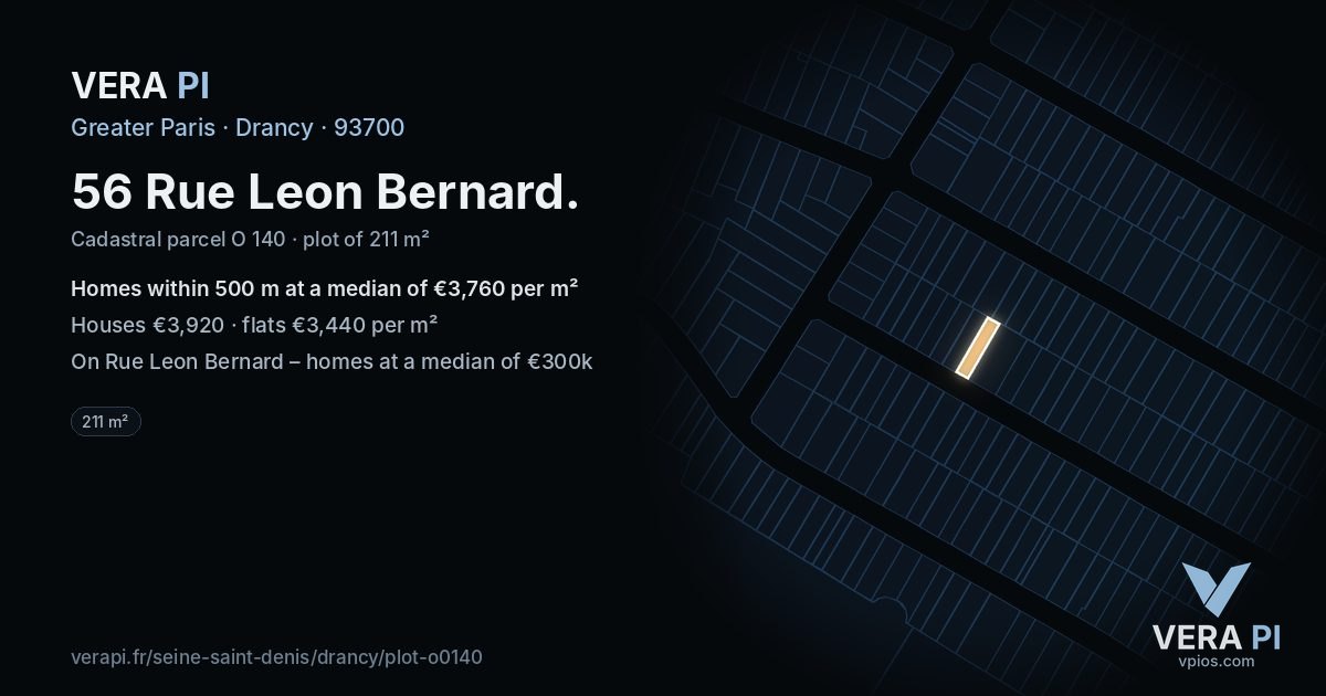 56 Rue Leon Bernard, Drancy at night – the plot lit, the parcels around coloured by the prices near them