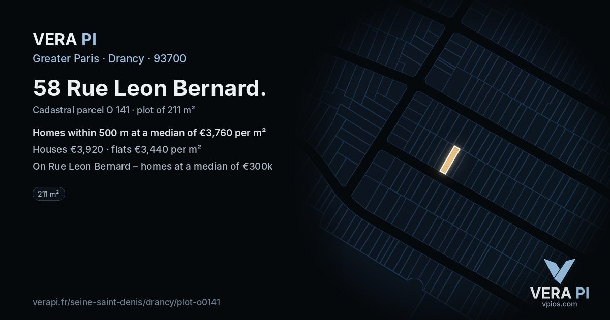 58 Rue Leon Bernard, Drancy at night – the plot lit, the parcels around coloured by the prices near them