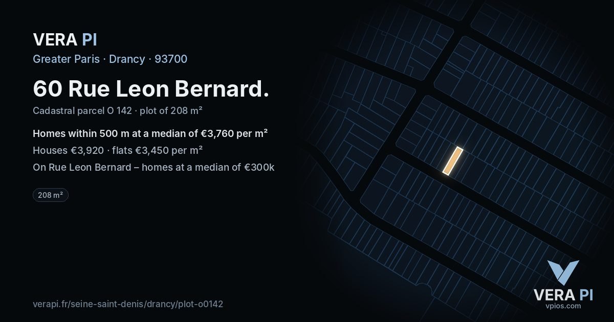 60 Rue Leon Bernard, Drancy at night – the plot lit, the parcels around coloured by the prices near them