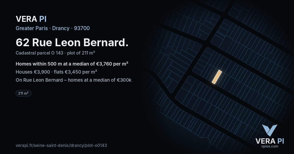 62 Rue Leon Bernard, Drancy at night – the plot lit, the parcels around coloured by the prices near them