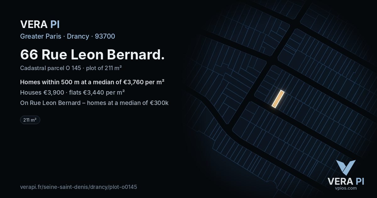 66 Rue Leon Bernard, Drancy at night – the plot lit, the parcels around coloured by the prices near them