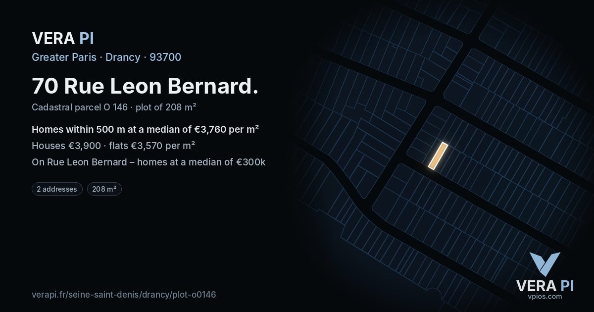 70 Rue Leon Bernard, Drancy at night – the plot lit, the parcels around coloured by the prices near them