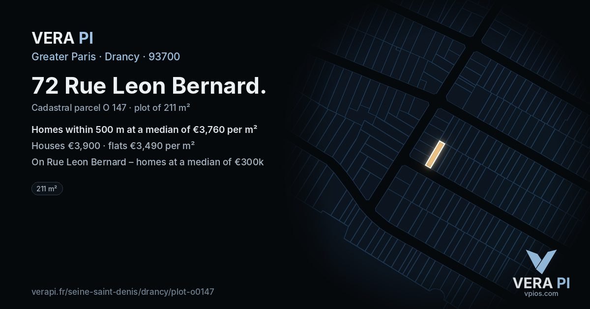 72 Rue Leon Bernard, Drancy at night – the plot lit, the parcels around coloured by the prices near them