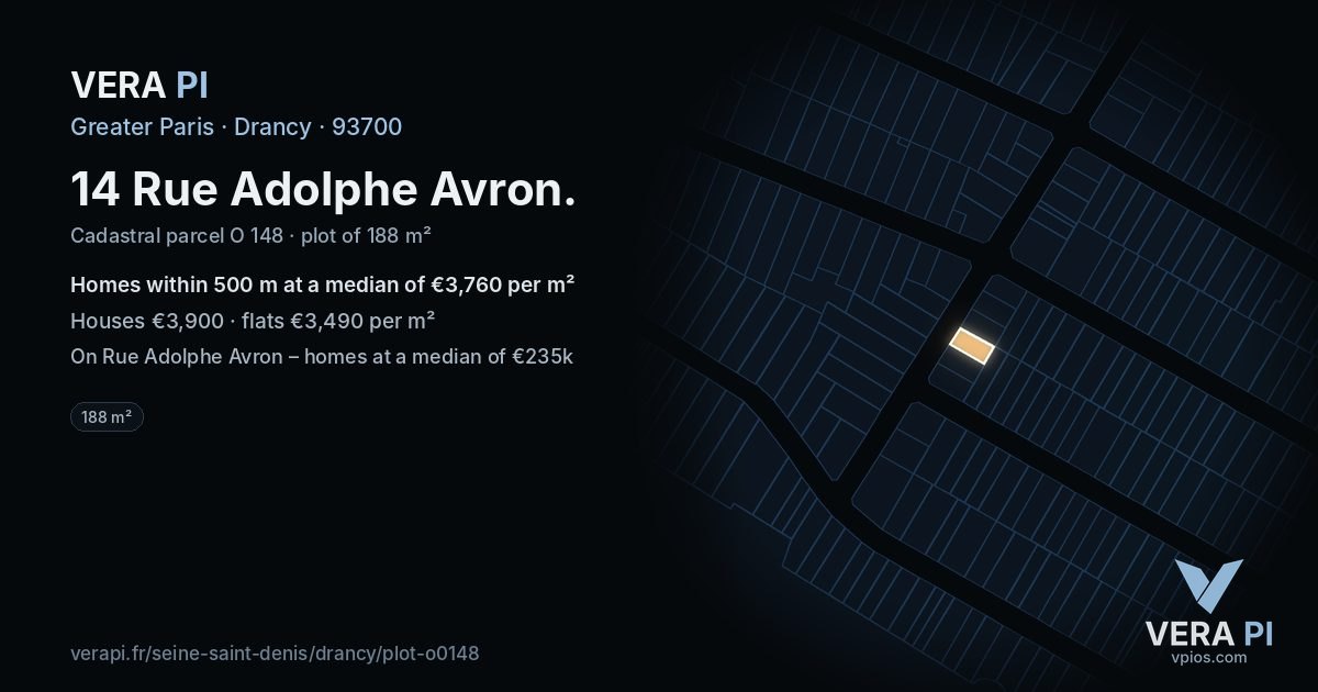 14 Rue Adolphe Avron, Drancy at night – the plot lit, the parcels around coloured by the prices near them