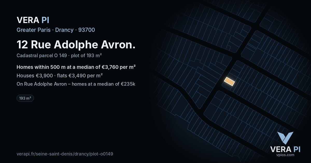 12 Rue Adolphe Avron, Drancy at night – the plot lit, the parcels around coloured by the prices near them