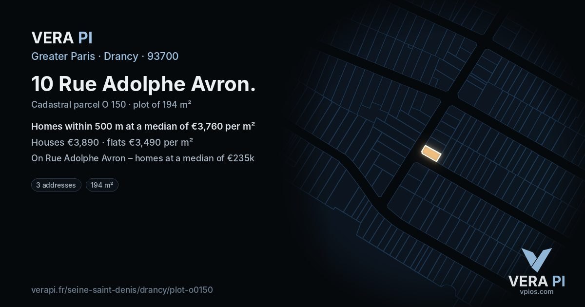 10 Rue Adolphe Avron, Drancy at night – the plot lit, the parcels around coloured by the prices near them