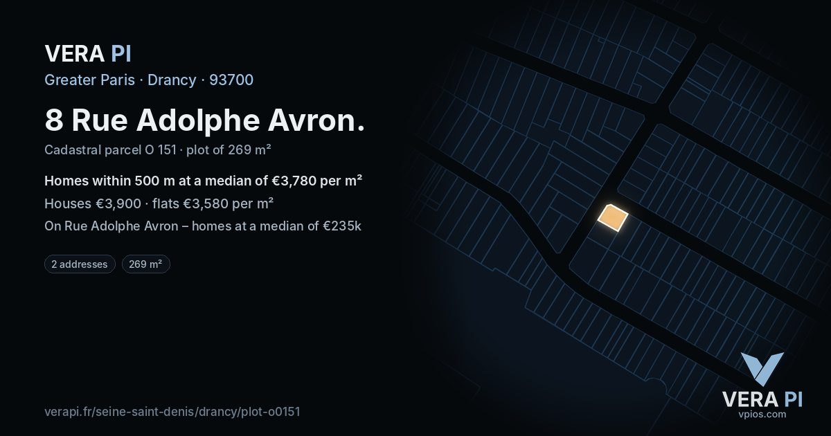 8 Rue Adolphe Avron, Drancy at night – the plot lit, the parcels around coloured by the prices near them