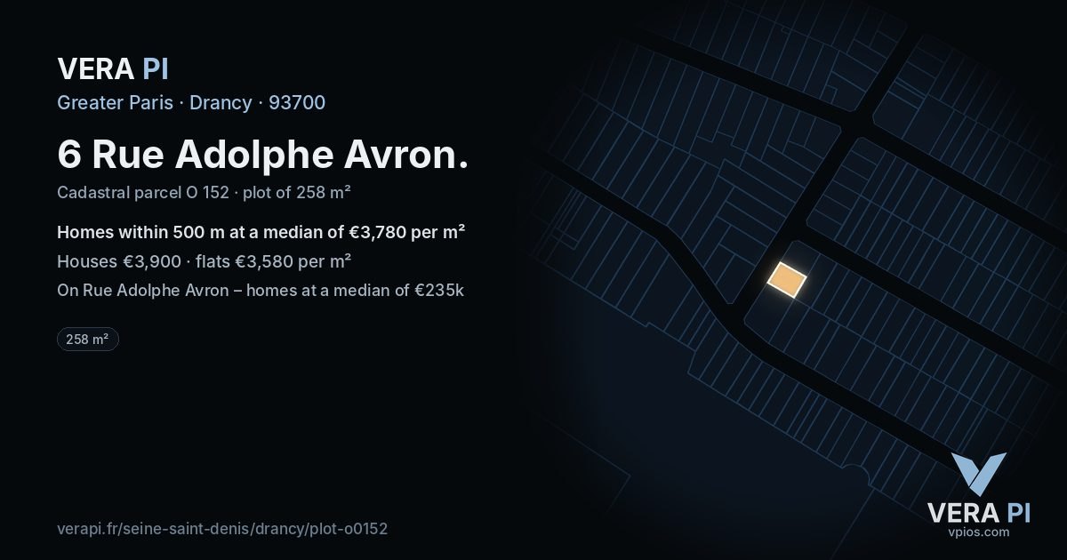 6 Rue Adolphe Avron, Drancy at night – the plot lit, the parcels around coloured by the prices near them