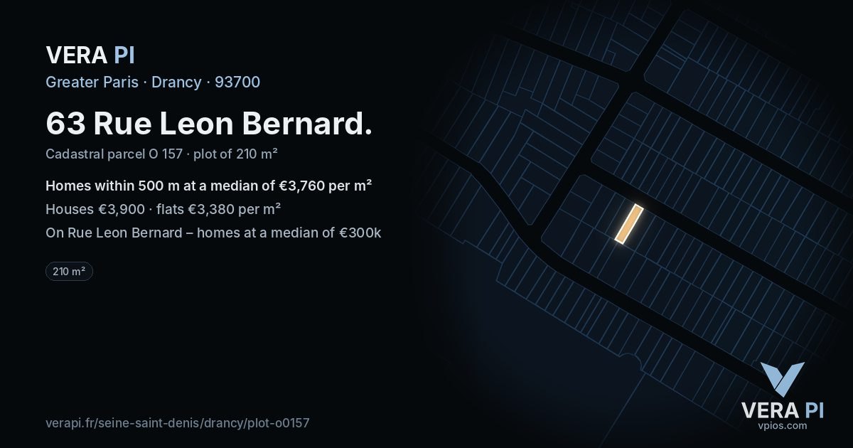 63 Rue Leon Bernard, Drancy at night – the plot lit, the parcels around coloured by the prices near them