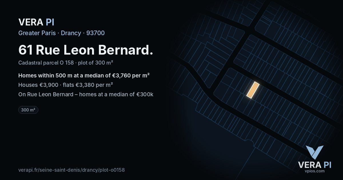 61 Rue Leon Bernard, Drancy at night – the plot lit, the parcels around coloured by the prices near them