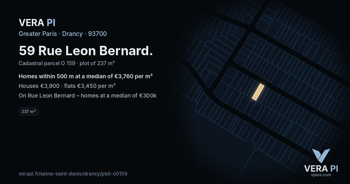 59 Rue Leon Bernard, Drancy at night – the plot lit, the parcels around coloured by the prices near them