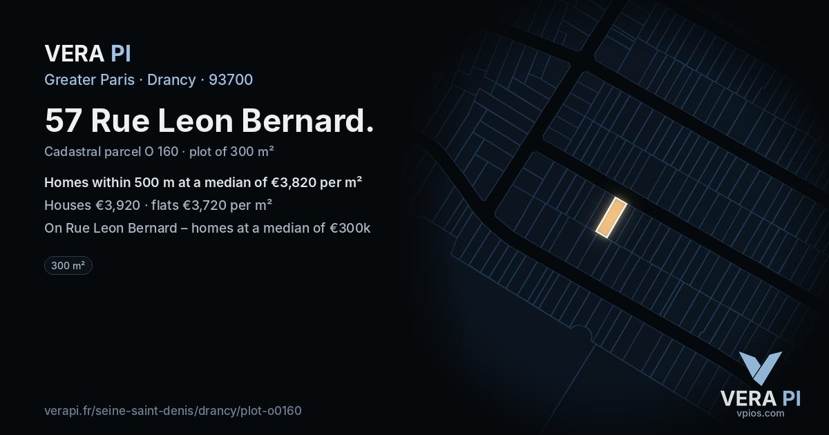 57 Rue Leon Bernard, Drancy at night – the plot lit, the parcels around coloured by the prices near them
