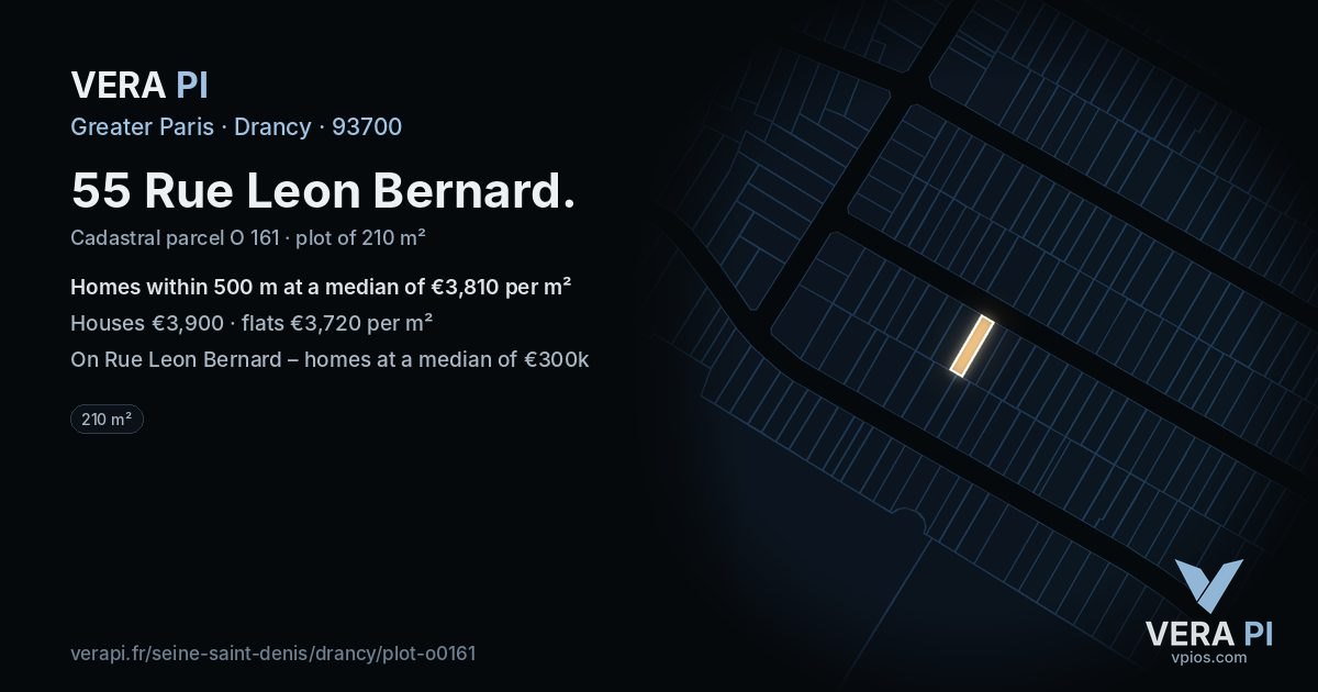 55 Rue Leon Bernard, Drancy at night – the plot lit, the parcels around coloured by the prices near them