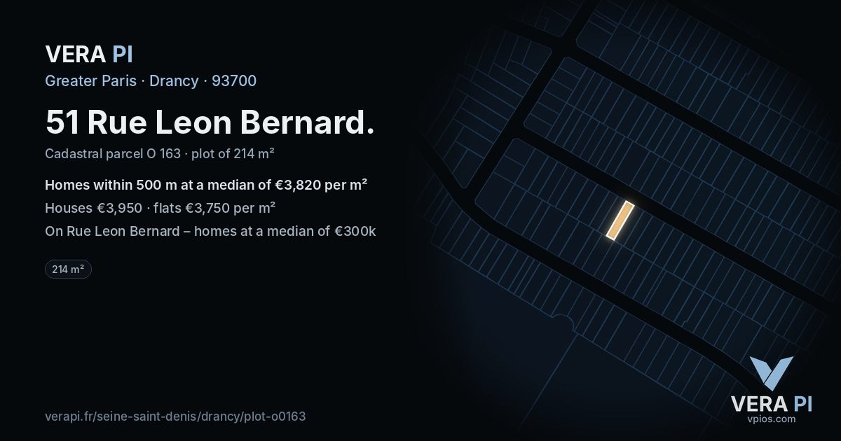 51 Rue Leon Bernard, Drancy at night – the plot lit, the parcels around coloured by the prices near them