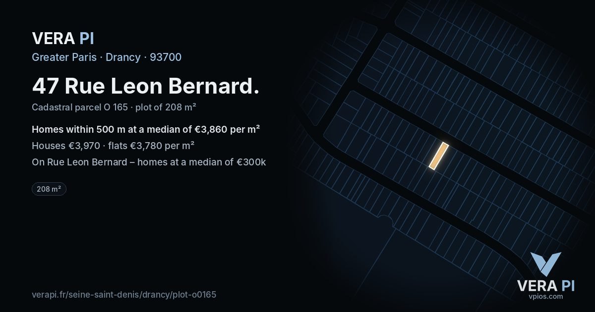 47 Rue Leon Bernard, Drancy at night – the plot lit, the parcels around coloured by the prices near them