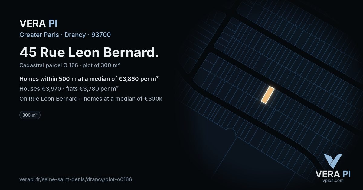 45 Rue Leon Bernard, Drancy at night – the plot lit, the parcels around coloured by the prices near them