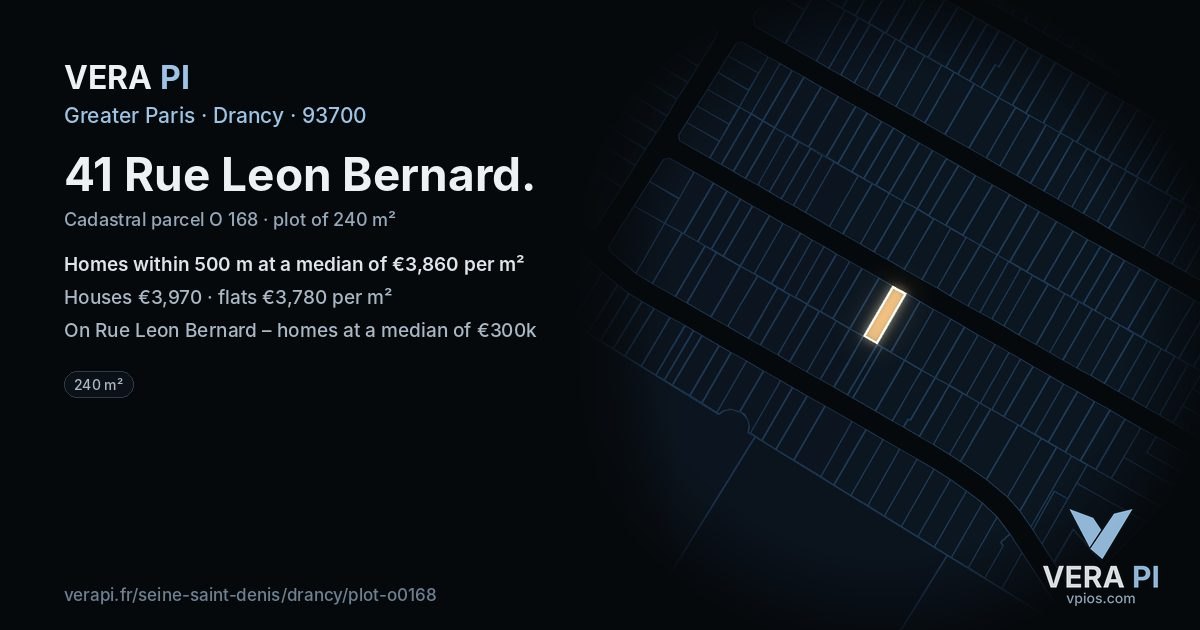 41 Rue Leon Bernard, Drancy at night – the plot lit, the parcels around coloured by the prices near them