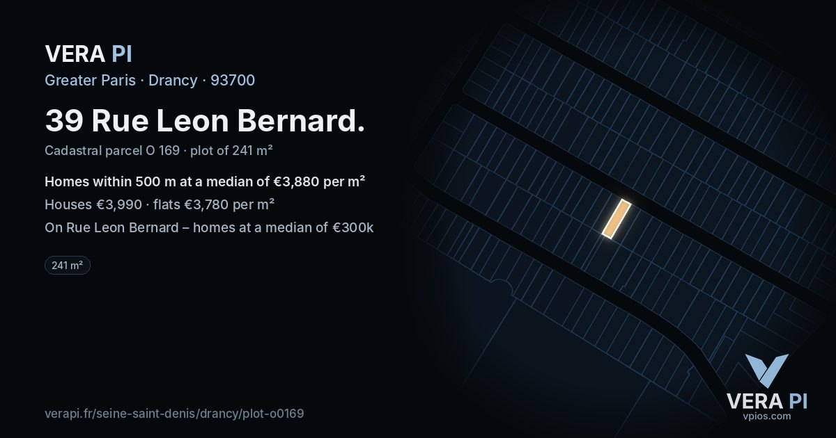 39 Rue Leon Bernard, Drancy at night – the plot lit, the parcels around coloured by the prices near them