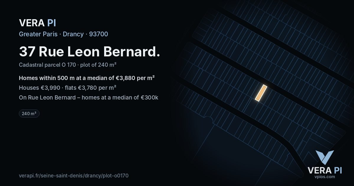 37 Rue Leon Bernard, Drancy at night – the plot lit, the parcels around coloured by the prices near them