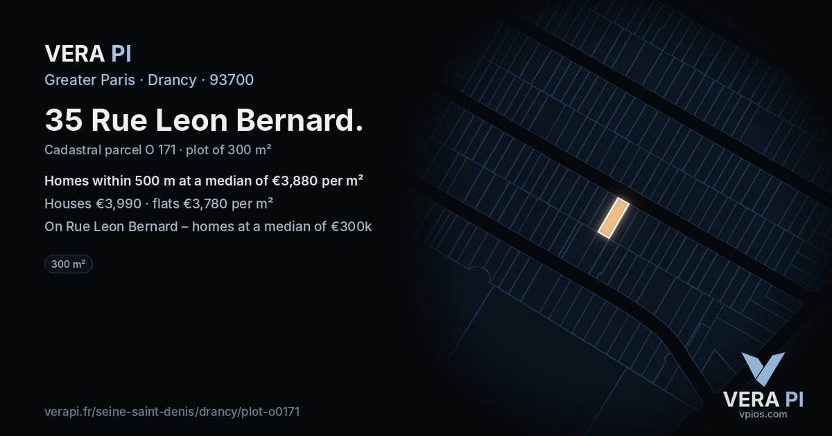 35 Rue Leon Bernard, Drancy at night – the plot lit, the parcels around coloured by the prices near them