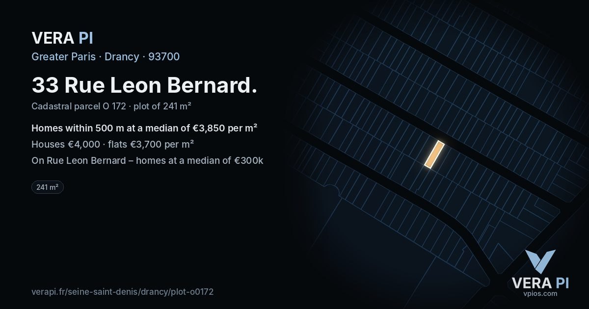 33 Rue Leon Bernard, Drancy at night – the plot lit, the parcels around coloured by the prices near them