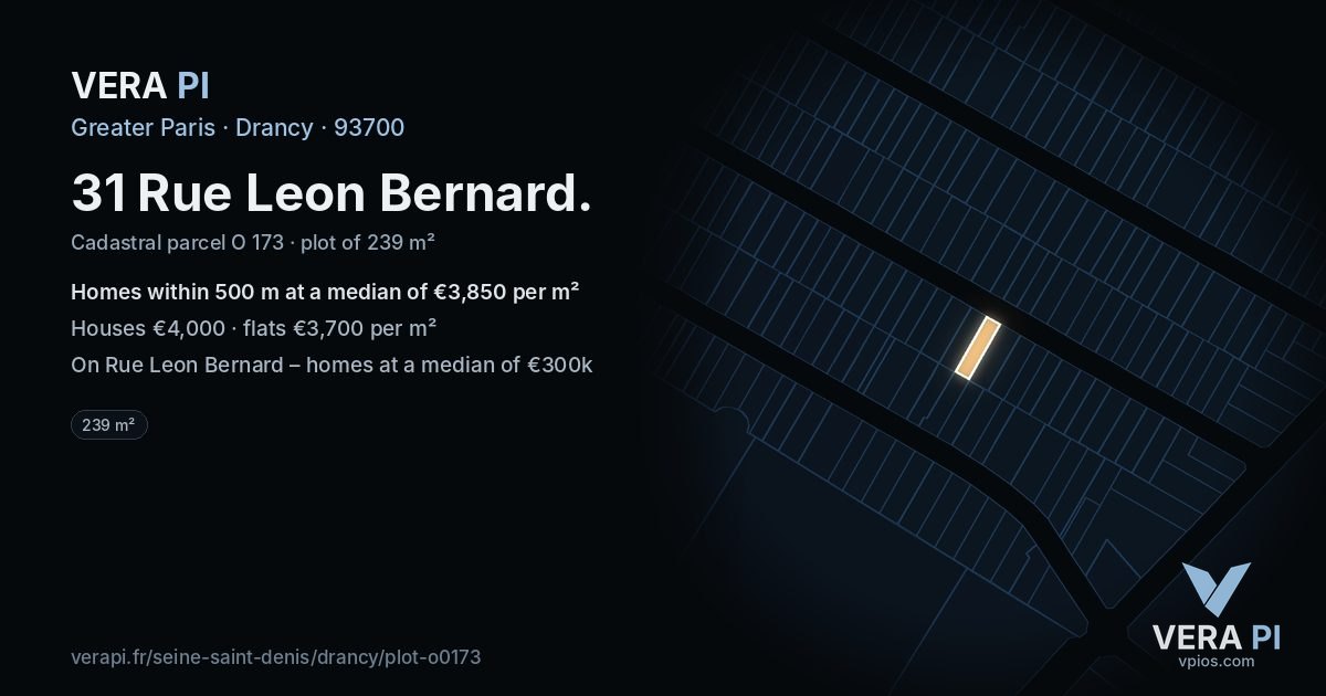 31 Rue Leon Bernard, Drancy at night – the plot lit, the parcels around coloured by the prices near them