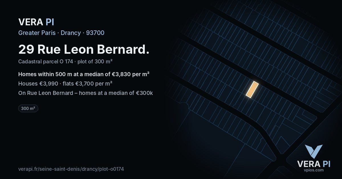 29 Rue Leon Bernard, Drancy at night – the plot lit, the parcels around coloured by the prices near them