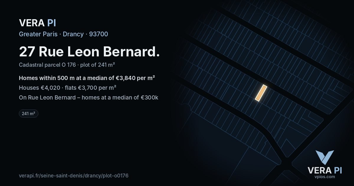27 Rue Leon Bernard, Drancy at night – the plot lit, the parcels around coloured by the prices near them