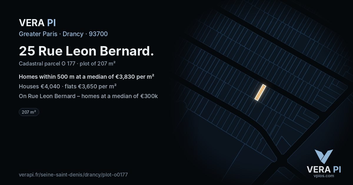 25 Rue Leon Bernard, Drancy at night – the plot lit, the parcels around coloured by the prices near them