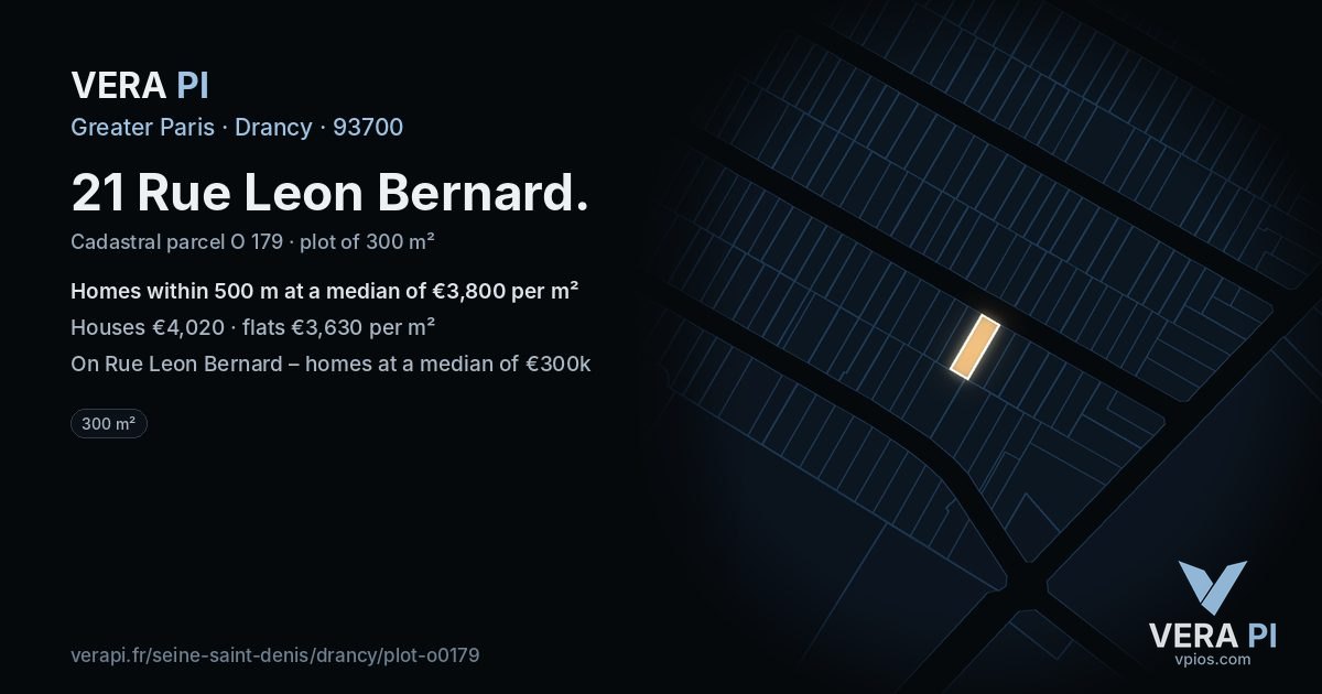 21 Rue Leon Bernard, Drancy at night – the plot lit, the parcels around coloured by the prices near them