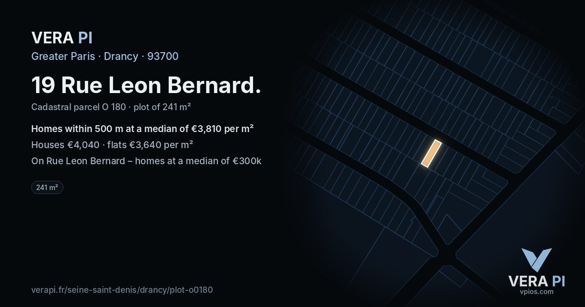 19 Rue Leon Bernard, Drancy at night – the plot lit, the parcels around coloured by the prices near them
