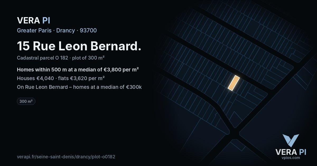 15 Rue Leon Bernard, Drancy at night – the plot lit, the parcels around coloured by the prices near them