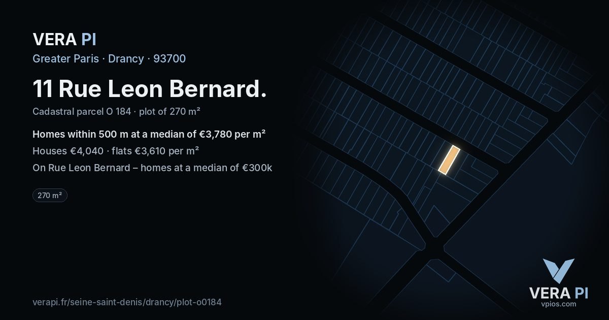 11 Rue Leon Bernard, Drancy at night – the plot lit, the parcels around coloured by the prices near them