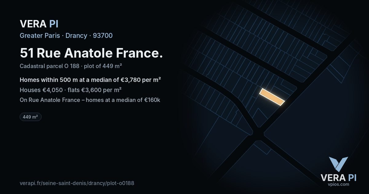 51 Rue Anatole France, Drancy at night – the plot lit, the parcels around coloured by the prices near them