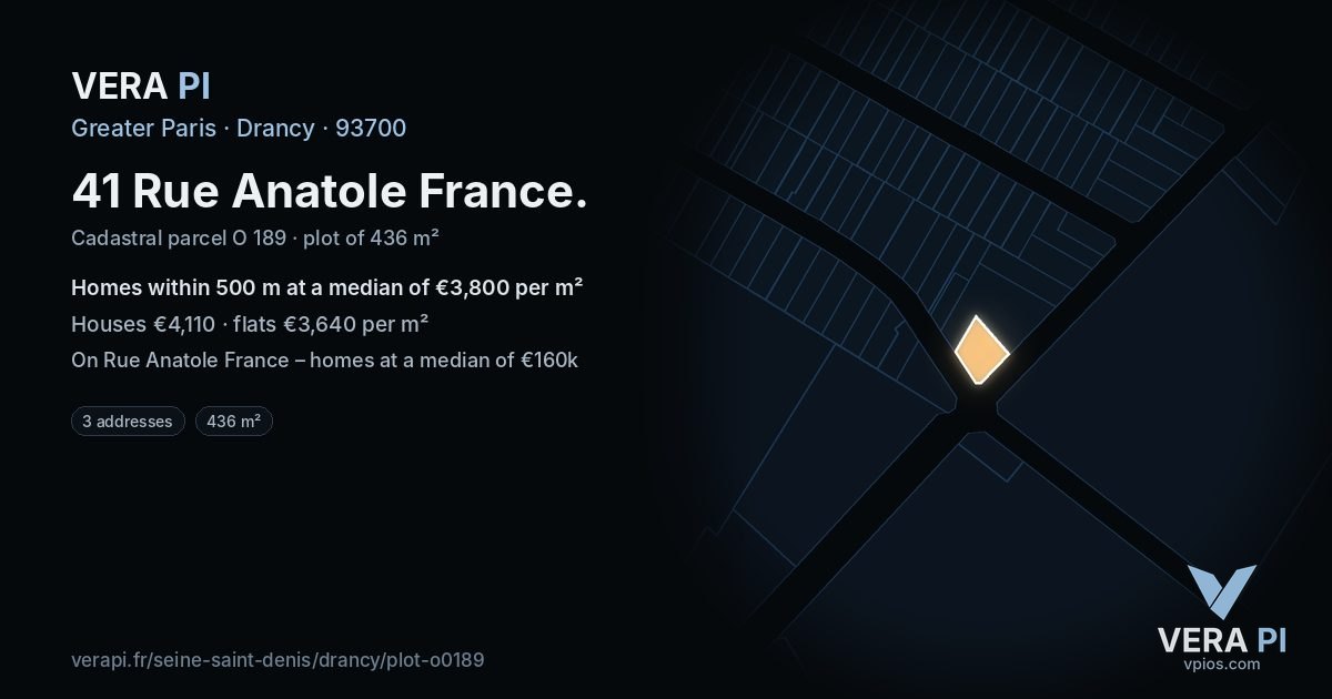 41 Rue Anatole France, Drancy at night – the plot lit, the parcels around coloured by the prices near them