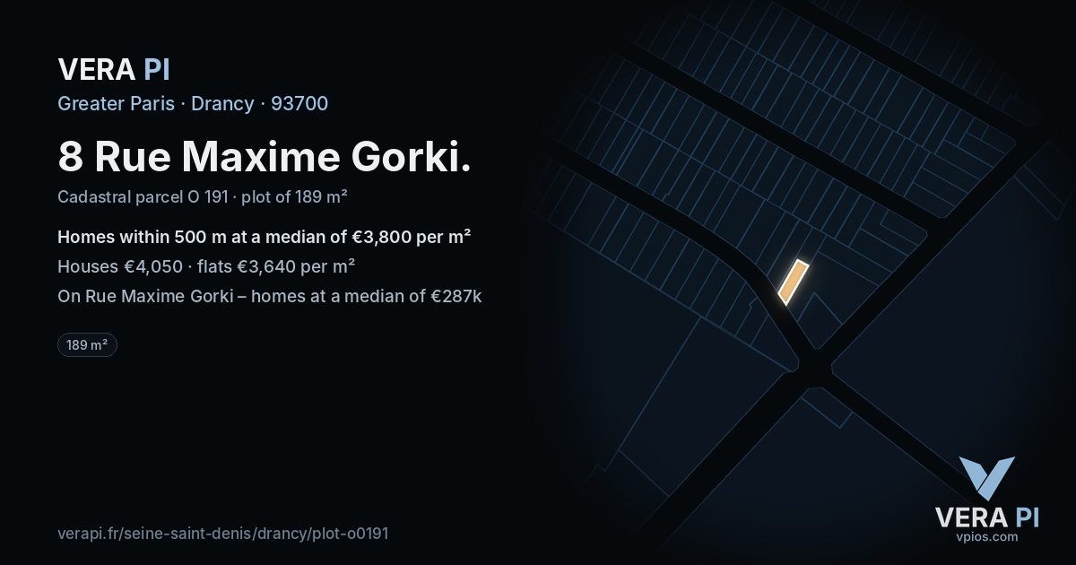 8 Rue Maxime Gorki, Drancy at night – the plot lit, the parcels around coloured by the prices near them