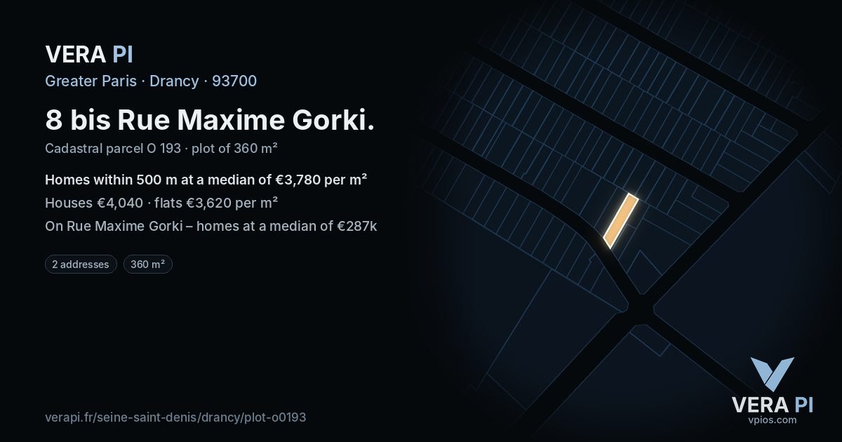 8 bis Rue Maxime Gorki, Drancy at night – the plot lit, the parcels around coloured by the prices near them