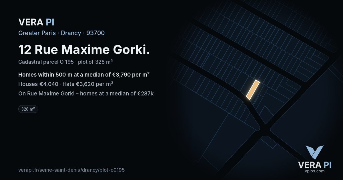 12 Rue Maxime Gorki, Drancy at night – the plot lit, the parcels around coloured by the prices near them