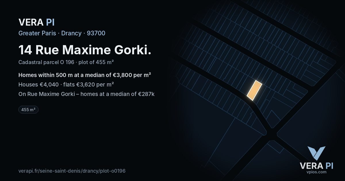 14 Rue Maxime Gorki, Drancy at night – the plot lit, the parcels around coloured by the prices near them