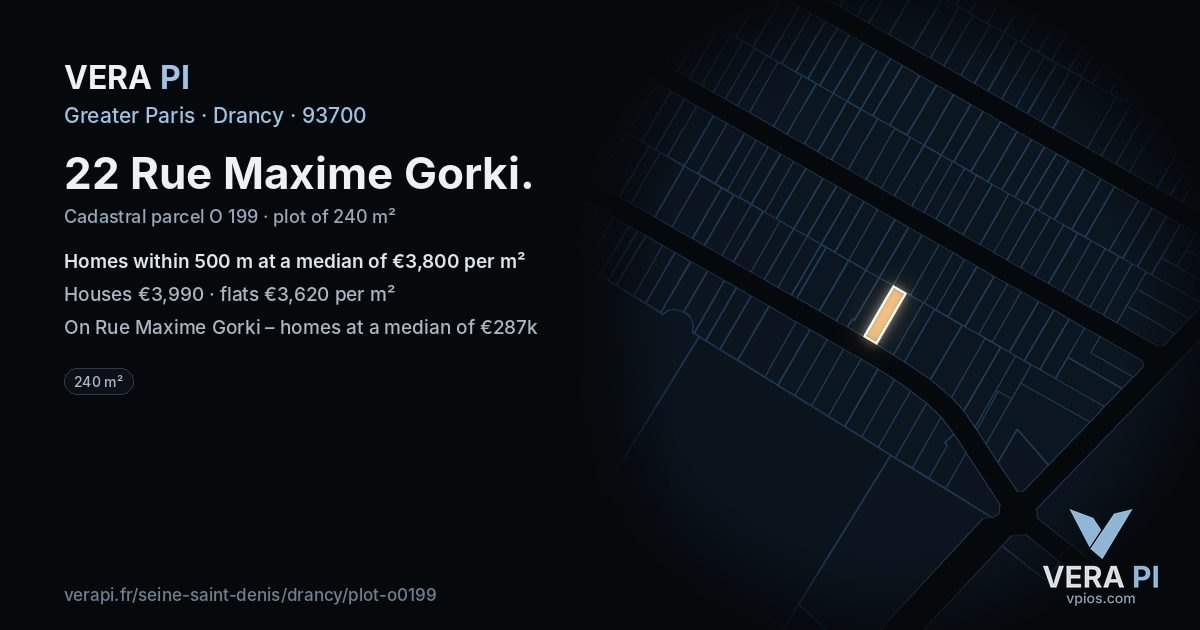 22 Rue Maxime Gorki, Drancy at night – the plot lit, the parcels around coloured by the prices near them