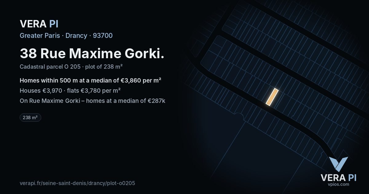 38 Rue Maxime Gorki, Drancy at night – the plot lit, the parcels around coloured by the prices near them