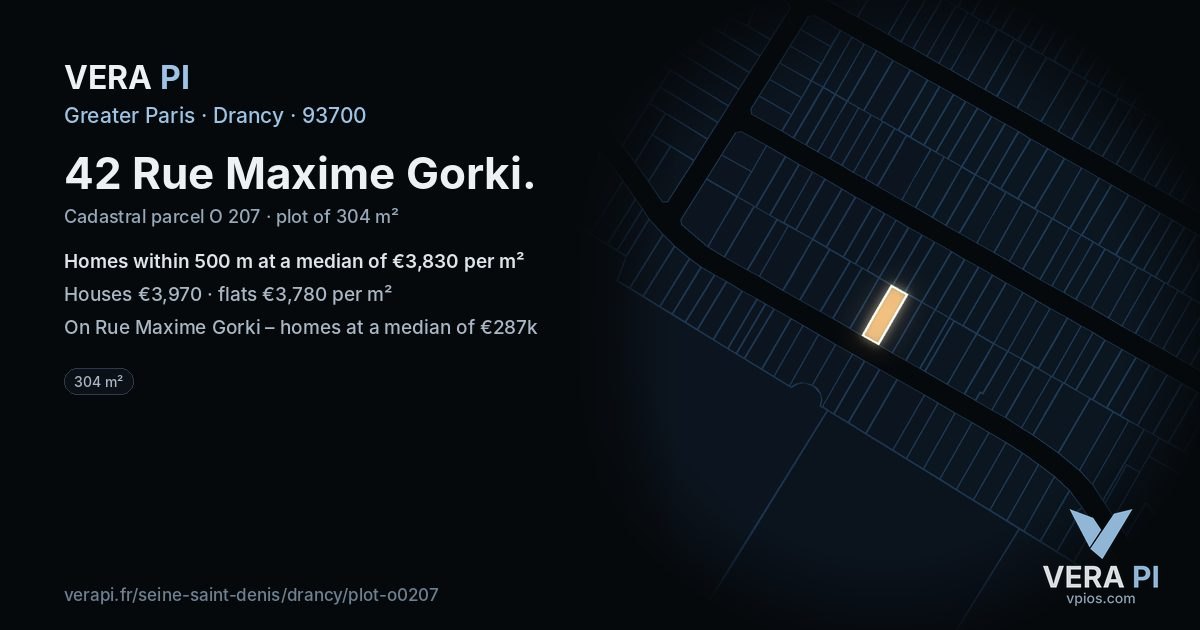 42 Rue Maxime Gorki, Drancy at night – the plot lit, the parcels around coloured by the prices near them
