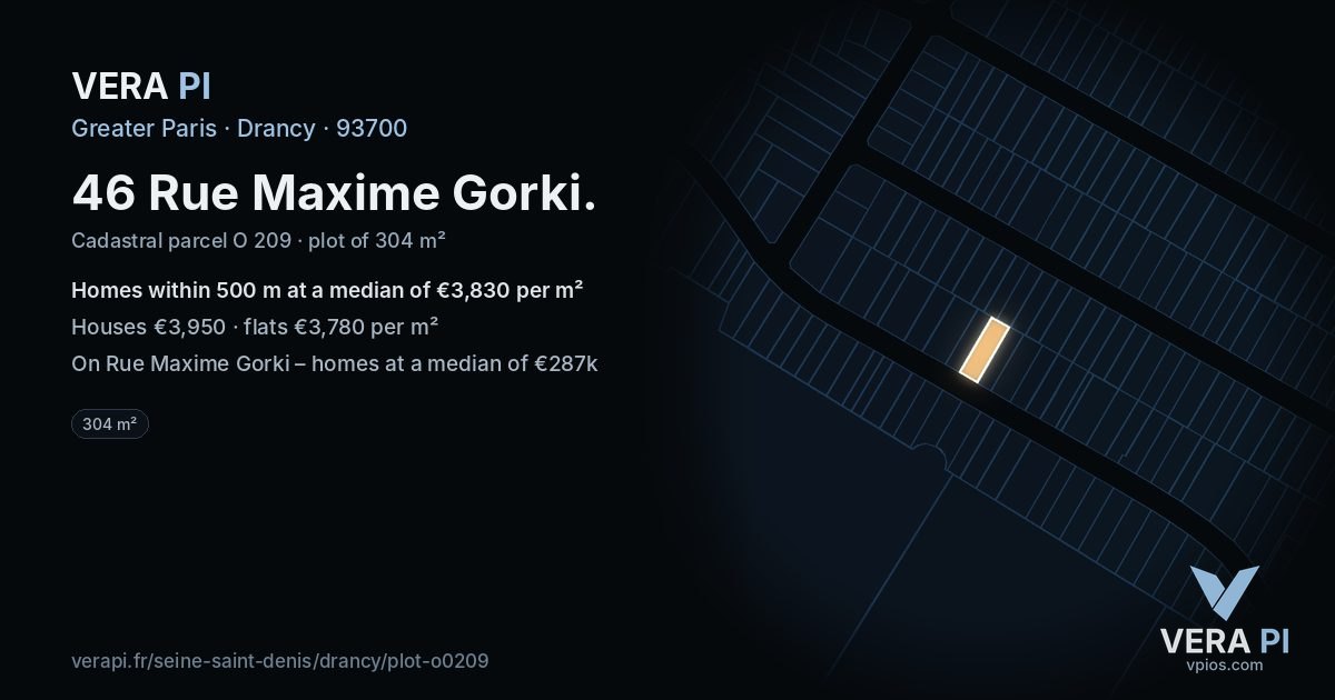 46 Rue Maxime Gorki, Drancy at night – the plot lit, the parcels around coloured by the prices near them