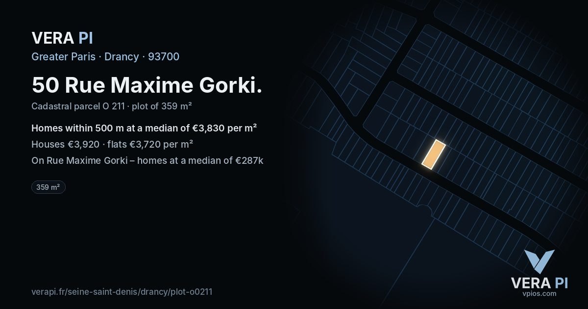 50 Rue Maxime Gorki, Drancy at night – the plot lit, the parcels around coloured by the prices near them