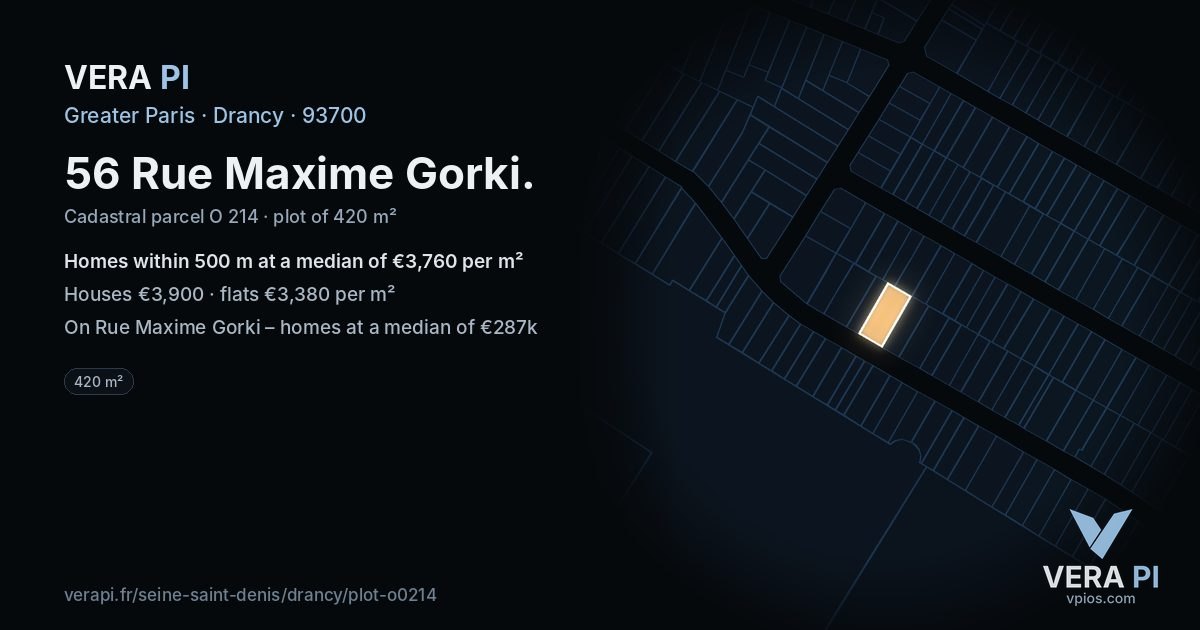 56 Rue Maxime Gorki, Drancy at night – the plot lit, the parcels around coloured by the prices near them