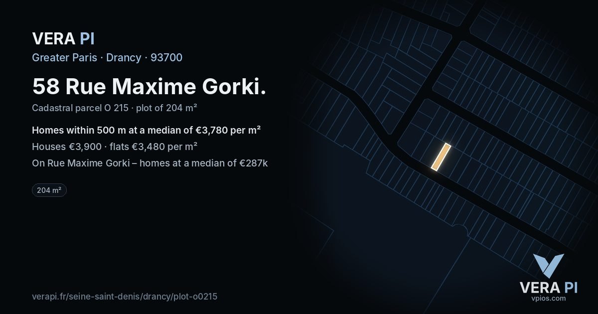58 Rue Maxime Gorki, Drancy at night – the plot lit, the parcels around coloured by the prices near them